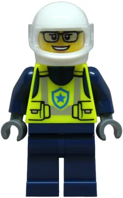 CTY1900:  Police - City Officer Female, Neon Yellow Safety Vest, Dark Blue Legs, White Helmet, Trans-Clear Visor