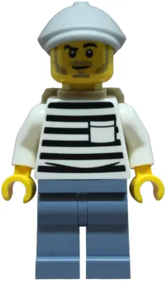 CTY1901:  Police - City Jail Prisoner Male, White Shirt with Pocket and Black Stripes, Sand Blue Legs, Light Bluish Gray Flat Cap, Dark Tan Backpack