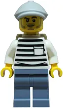 Minifigurka: CTY1901:  Police - City Jail Prisoner Male, White Shirt with Pocket and Black Stripes, Sand Blue Legs, Light Bluish Gray Flat Cap, Dark Tan Backpack
