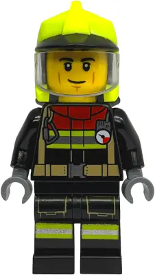 CTY1903:  Fire - Male, Black Jacket and Legs with Reflective Stripes and Red Collar, Neon Yellow Fire Helmet, Trans-Clear Visor