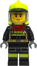Minifigurka: CTY1903:  Fire - Male, Black Jacket and Legs with Reflective Stripes and Red Collar, Neon Yellow Fire Helmet, Trans-Clear Visor