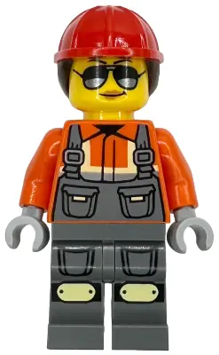 CTY1909:  Construction Worker - Female, Dark Bluish Gray Overalls over Reddish Orange Safety Jacket with Reflective Stripes, Dark Bluish Gray Legs with Knee Pads, Red Construction Helmet with Dark Brown Ponytai