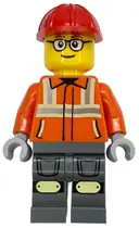 Minifigurka: CTY1910:  Construction Worker - Male, Reddish Orange Safety Jacket with Reflective Stripes, Dark Bluish Gray Legs with Knee Pads, Red Construction Helmet