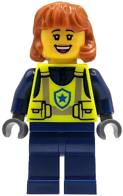 CTY1912:  Police - City Officer Female, Neon Yellow Safety Vest, Dark Blue Legs, Dark Orange Mid Length Hair, Open Mouth Grin