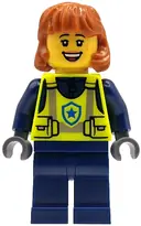 Minifigurka: CTY1912:  Police - City Officer Female, Neon Yellow Safety Vest, Dark Blue Legs, Dark Orange Mid Length Hair, Open Mouth Grin
