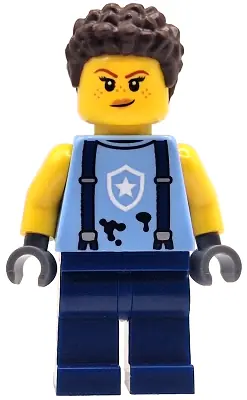 CTY1913:  Police Mechanic - Female, Bright Light Blue Shirt with Suspenders, Black Splotches and White Star Badge Logo, Dark Blue Legs, Dark Brown Coiled Hair