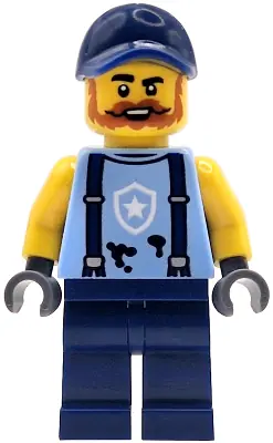 CTY1914:  Police Mechanic - Male, Bright Light Blue Shirt with Suspenders, Black Splotches and White Star Badge Logo, Dark Blue Legs and Cap, Dark Orange Beard