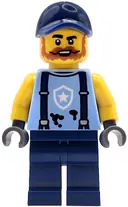 Minifigurka: CTY1914:  Police Mechanic - Male, Bright Light Blue Shirt with Suspenders, Black Splotches and White Star Badge Logo, Dark Blue Legs and Cap, Dark Orange Beard