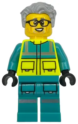 CTY1915:  Paramedic - Male, Dark Turquoise and Neon Yellow Safety Vest, Legs with Silver Reflective Stripes, Glasses, Light Bluish Gray Hair