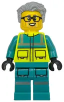 Minifigurka: CTY1915:  Paramedic - Male, Dark Turquoise and Neon Yellow Safety Vest, Legs with Silver Reflective Stripes, Glasses, Light Bluish Gray Hair