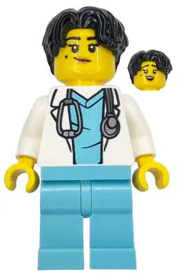 CTY1917:  Doctor - Female, White Lab Coat with Stethoscope, Medium Azure Scrubs, Black Hair
