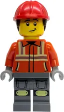 Minifigurka: CTY1919:  Construction Worker - Male, Reddish Orange Safety Jacket with Reflective Stripes, Dark Bluish Gray Legs with Knee Pads, Red Construction Helmet with Dark Brown Short Curly Hair