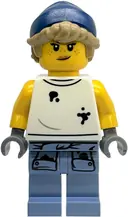Minifigurka: CTY1920:  Tow Truck Operator - Female, White Sleeveless Shirt with Oil Stains, Sand Blue Legs with Shirt Sleeves with Oil Stains, Dark Blue Beanie, Dark Tan Hair