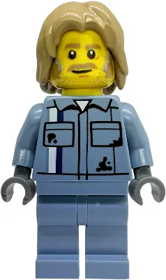 CTY1921:  Tow Truck Driver - Male, Sand Blue Mechanic Uniform, Sand Blue Legs, Dark Tan Mid-Length Tousled Hair