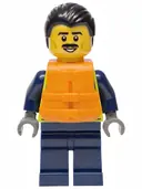 Minifigurka: CTY1922:  Police - City Officer Male, Neon Yellow Safety Vest, Dark Blue Legs, Black Combed Back Hair, Orange Life Jacket, Moustache