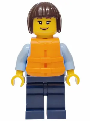 CTY1923:  Police - City Officer Female, Bright Light Blue Uniform with Dark Bluish Gray Belt, Dark Blue Legs, Dark Brown Bob Cut Hair, Orange Life Jacket