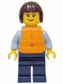 Minifigurka: CTY1923:  Police - City Officer Female, Bright Light Blue Uniform with Dark Bluish Gray Belt, Dark Blue Legs, Dark Brown Bob Cut Hair, Orange Life Jacket