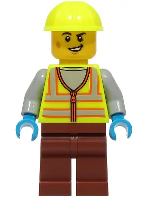 CTY1924:  Train Worker - Male, Neon Yellow Safety Vest with Reflective Stripes, Reddish Brown Legs, Neon Yellow Construction Helmet