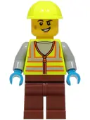 Minifigurka: CTY1924:  Train Worker - Male, Neon Yellow Safety Vest with Reflective Stripes, Reddish Brown Legs, Neon Yellow Construction Helmet