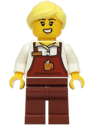 CTY1926:  Barista - Female, Reddish Brown Apron with Cup and Name Tag, Reddish Brown Legs, Bright Light Yellow Ponytail
