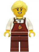 Minifigurka: CTY1926:  Barista - Female, Reddish Brown Apron with Cup and Name Tag, Reddish Brown Legs, Bright Light Yellow Ponytail