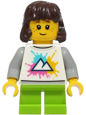 CTY1927:  Child - Girl, White Shirt with Mountains Logo, Lime Short Legs, Dark Brown Hair