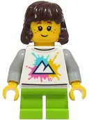 Minifigurka: CTY1927:  Child - Girl, White Shirt with Mountains Logo, Lime Short Legs, Dark Brown Hair