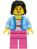 Minifigurka: CTY1929:  Passenger - Female, Bright Light Blue Jacket over White Shirt with Coral Flowers, Dark Pink Legs, Black Hair