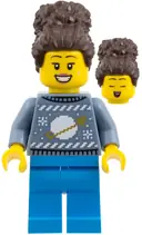 Minifigurka: CTY1933:  Woman - Sand Blue Space Holiday Sweater, Dark Azure Legs, Dark Brown Coiled Hair with Bun