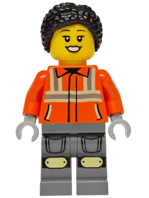 CTY1940:  Construction Worker - Female, Reddish Orange Safety Jacket with Reflective Stripes, Dark Bluish Gray Legs with Knee Pads, Black Hair Braided with Knot Bun