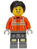 Minifigurka: CTY1940:  Construction Worker - Female, Reddish Orange Safety Jacket with Reflective Stripes, Dark Bluish Gray Legs with Knee Pads, Black Hair Braided with Knot Bun