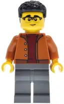 Minifigurka: CTY1945:  EV Supercar Driver - Male, Dark Orange Jacket, Dark Bluish Gray Legs, Black Coiled Hair
