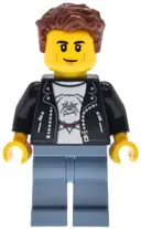 Minifigurka: CTY1946:  Hot Rod Driver - Male, Black Leather Jacket, Sand Blue Legs, Reddish Brown Hair
