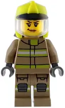 Minifigurka: CTY1947:  Fire - Female, Dark Tan Jacket and Legs with Reflective Stripes, Neon Yellow Fire Helmet, Trans-Clear Visor, Nougat Lips Smirk
