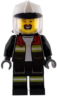 CTY1948:  Fire - Male, Black Open Jacket and Legs with Reflective Stripes and Red Collar, White Fire Helmet, Trans-Clear Visor, Reddish Brown Moustache
