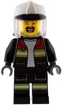 Minifigurka: CTY1948:  Fire - Male, Black Open Jacket and Legs with Reflective Stripes and Red Collar, White Fire Helmet, Trans-Clear Visor, Reddish Brown Moustache