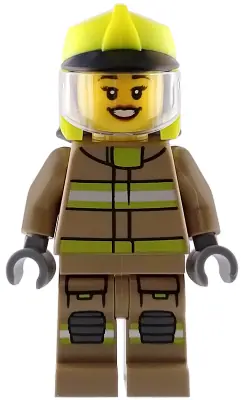 CTY1949:  Fire - Female, Dark Tan Jacket and Legs with Reflective Stripes, Neon Yellow Fire Helmet, Trans-Clear Visor, Open Mouth Smile