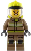 Minifigurka: CTY1949:  Fire - Female, Dark Tan Jacket and Legs with Reflective Stripes, Neon Yellow Fire Helmet, Trans-Clear Visor, Open Mouth Smile