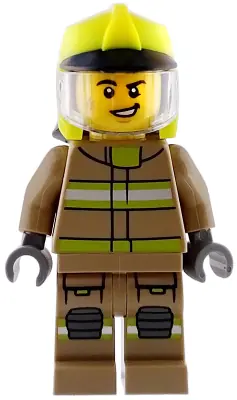 CTY1950:  Fire - Male, Dark Tan Jacket and Legs with Reflective Stripes, Neon Yellow Fire Helmet, Trans-Clear Visor, Scuff Mark