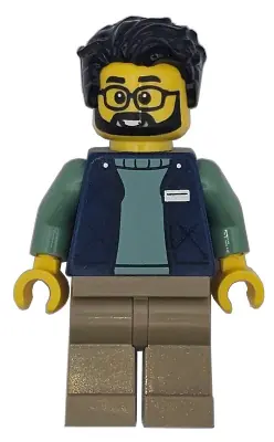 CTY1951:  Delivery Worker - Male, Dark Blue Bodywarmer over Sand Green Sweater, Dark Tan Legs, Black Hair