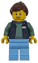 Minifigurka: CTY1952:  Delivery Worker - Female, Dark Blue Bodywarmer over Sand Green Sweater, Bright Light Blue Legs, Reddish Brown Hair, Hearing Aid