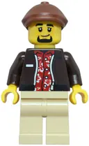 Minifigurka: CTY1953:  Taxi Driver - Male, Dark Brown Jacket over Red Hawaiian Shirt, Tan Legs, Reddish Brown Flat Cap