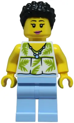 CTY1954:  Tourist - Female, White Sleeveless Top with Lime Palm Leaves, Bright Light Blue Legs, Black Hair