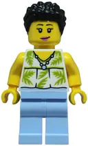 Minifigurka: CTY1954:  Tourist - Female, White Sleeveless Top with Lime Palm Leaves, Bright Light Blue Legs, Black Hair