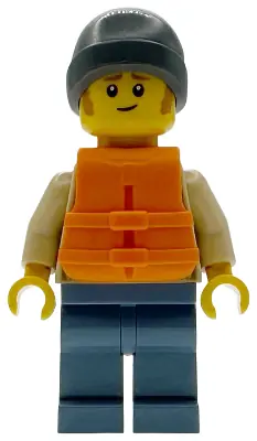 CTY1955:  Man - Tan Knit Cable Sweater, Orange Life Jacket, Sand Blue Legs, Dark Bluish Gray Beanie