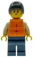 Minifigurka: CTY1955:  Man - Tan Knit Cable Sweater, Orange Life Jacket, Sand Blue Legs, Dark Bluish Gray Beanie