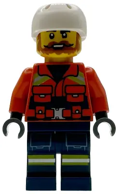 CTY1956:  Coast Guard City - Male, Reddish Orange Jacket with Pockets and Reflective Stripes, Dark Blue Legs with Pockets and Reflective Stripes, White Sports Helmet