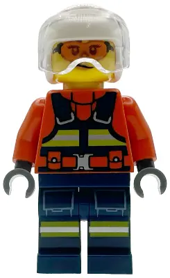 CTY1957:  Coast Guard City Helicopter Pilot - Female, Reddish Orange Jacket with Dark Blue Safety Vest, Dark Blue Legs with Pockets and Reflective Stripes, White Flight Helmet