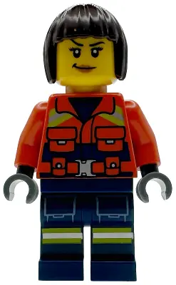 CTY1958:  Coast Guard City - Female, Reddish Orange Jacket with Pockets and Reflective Stripes, Dark Blue Legs with Pockets and Reflective Stripes, Dark Brown Bob Cut Hair