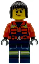 Minifigurka: CTY1958:  Coast Guard City - Female, Reddish Orange Jacket with Pockets and Reflective Stripes, Dark Blue Legs with Pockets and Reflective Stripes, Dark Brown Bob Cut Hair